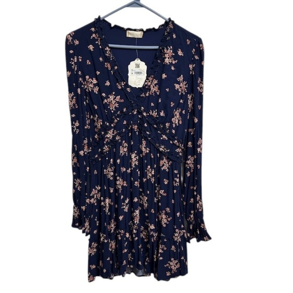 NWT ALTAR'D State Pyper Navy Floral Ruffle V Neck Long Sleeve Mini Dress Medium - Picture 1 of 15
